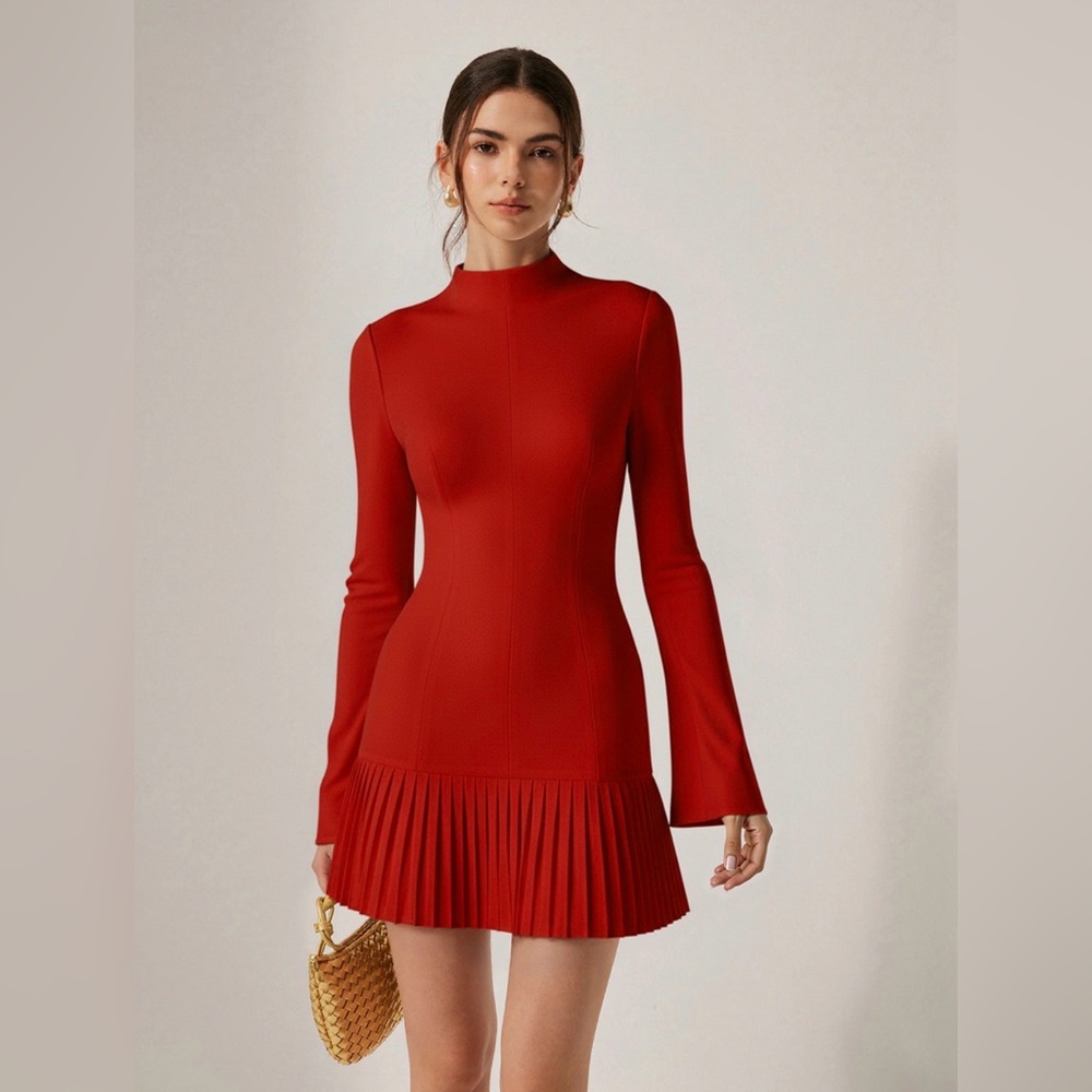 Commense NWT Red Pleated Hem Mock Neck Mini Dress — XL